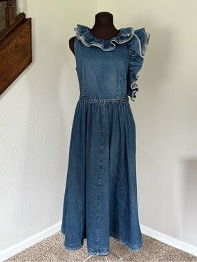 CO Asymmetrical Ruffle Denim Midi Dress Belted 100% Cotton Size M